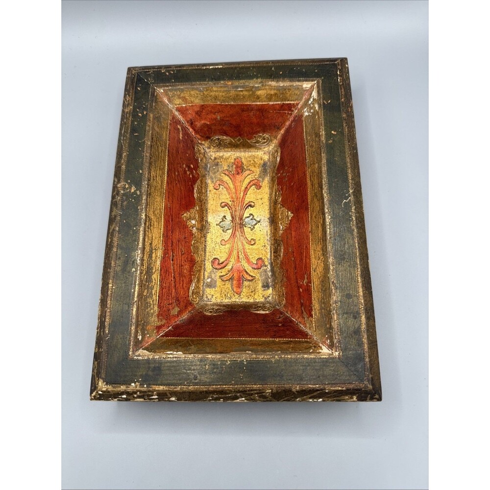 Italian Florentine Tole Gilt Wood Ornate Ashtray Holder Tray Red & Gold Stamped